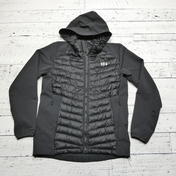 Helly Hansen Jacket Womens Small Black Hybrid Down Hooded Softshell Insulator - Picture 1 of 8